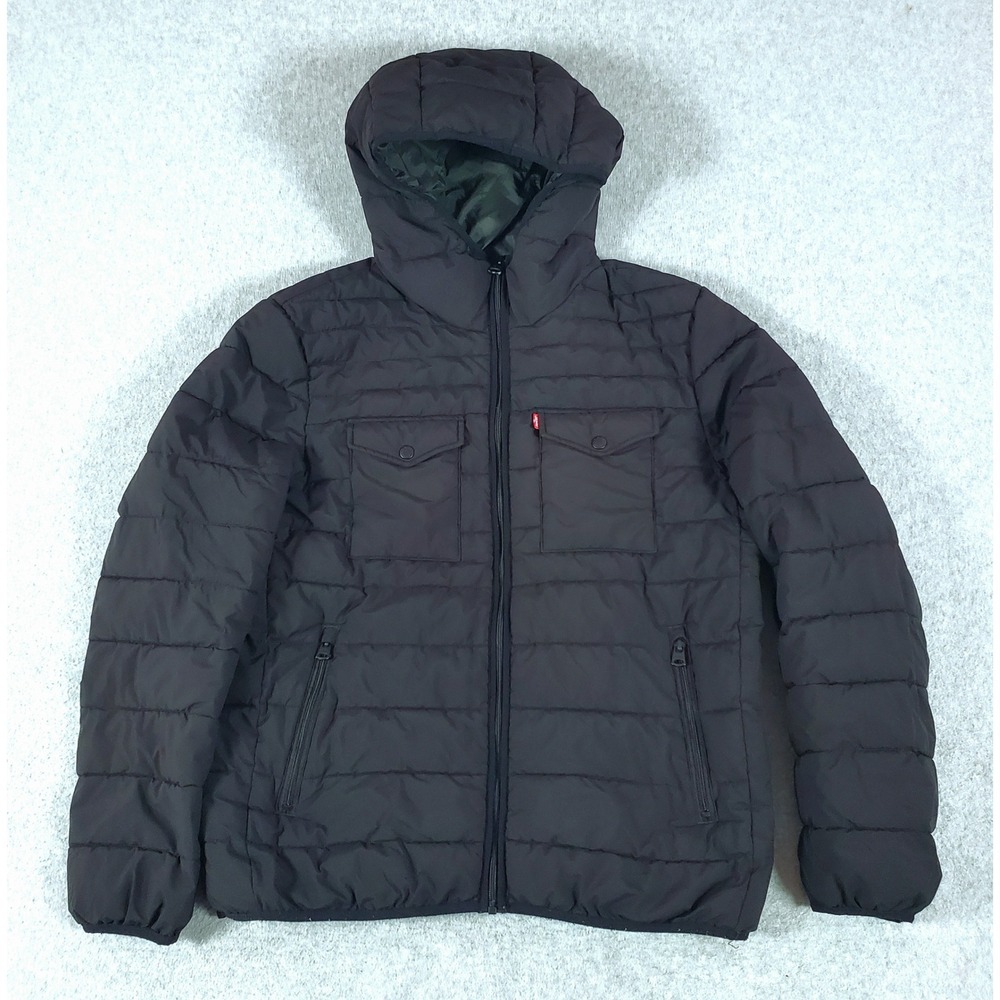 Levis Hooded Puffer Jacket Mens Large Black Quilted Full Zip Coat Full Zip